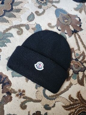 Moncler Black Ribbed Cuff Beanie with Logo Emblem